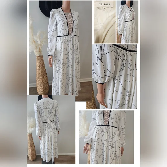 Elliatt Off White Floral Black Print Open Lace V- Neck Long Sleeve Maxi Dress - Picture 2 of 7